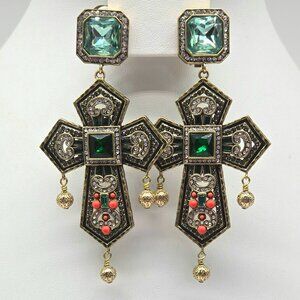 Heidi Daus Renaissance Cross Statement Earrings with Swarovski Crystals + Coral